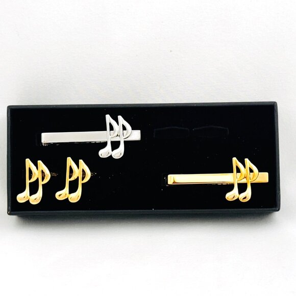 Deluxe Partial Music Note Cufflink & Tie Clip Set Gold/Silver - Picture 1 of 11